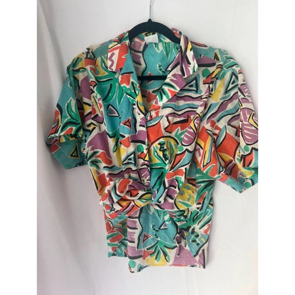 Vintage Wrangler Abstract Print Linen Front Tie Blend Shirt